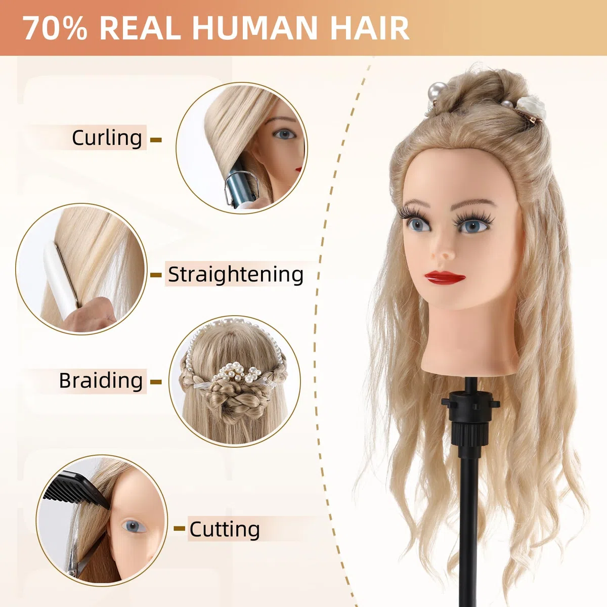 Frisierkopf 70% Echthaar Übungskopf 24 Zoll Friseure Ausbildung Kopf mit Halter DIY Haare Set