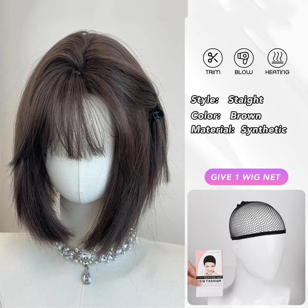 Haarpflege 8 Zoll Dunkelbraune Pony-Perücke Gerade Geschichtete Perücken Faser Hitzebeständig Party Oder Selfie Für Frauen