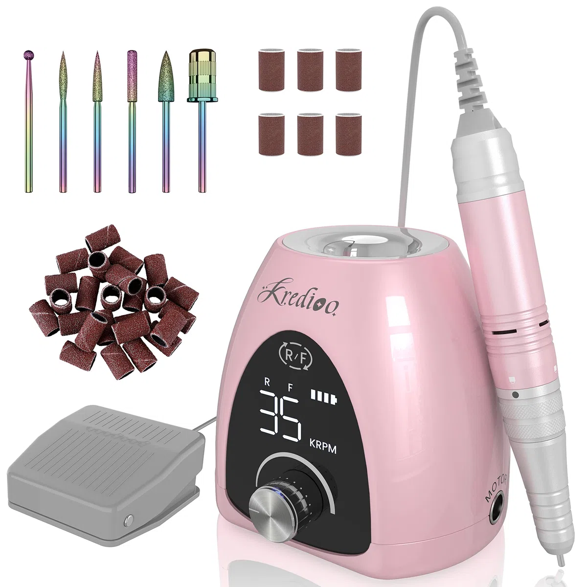 Nagelfräser für Gelnägel Aufladbare Elektrische Nagelfeile 35000 U/min Fräser mit LED Display & Fußpedal und 6 in 1 Bit USB Maniküre Pediküreset Elektrisch für Salon und Anfänger