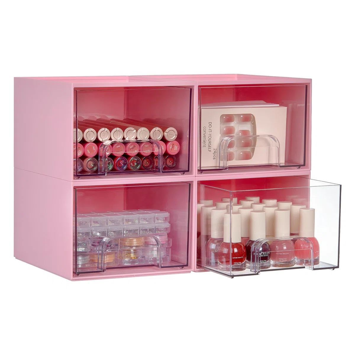 Vtopmart 4er-Set Kleine Stackable Storage Drawers, Acrylic Organiser, Aufbewahrung und Organisation for Dresser, Bathroom, Kosmetik, Küche, Vorratsschrank（Rosa）