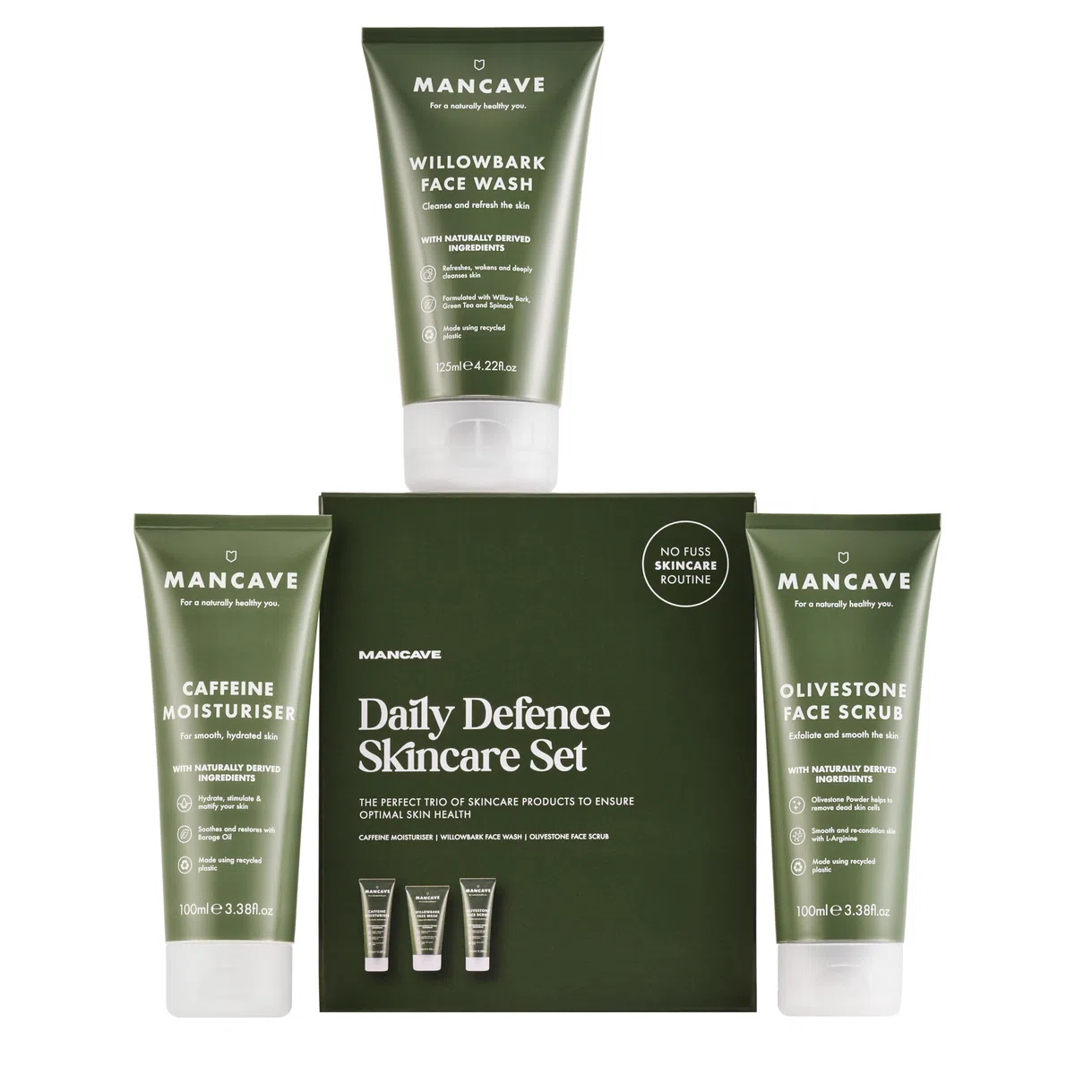 ManCave Gesichtspflege Set Herren 3-Teilig - Geschenkset Männer mit Waschgel, Peeling & Feuchtigkeitscreme - Natürliche Hautpflege Männer - Vegan - Pflegeset Geschenk
