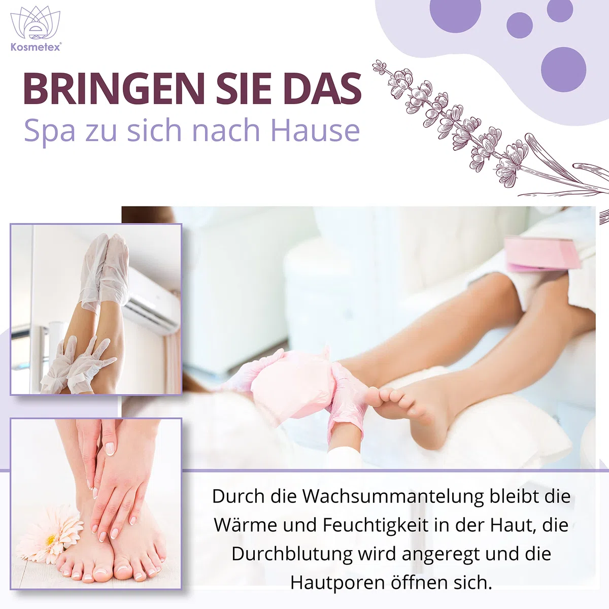 Kosmetex Wellness-Paraffinbad Lavender Lavendel – Paraffin-Entspannungsbad für Hände und Füße – Paraffinwachs – Paraffin-Block für Wachserwärmer (4x 500ml)