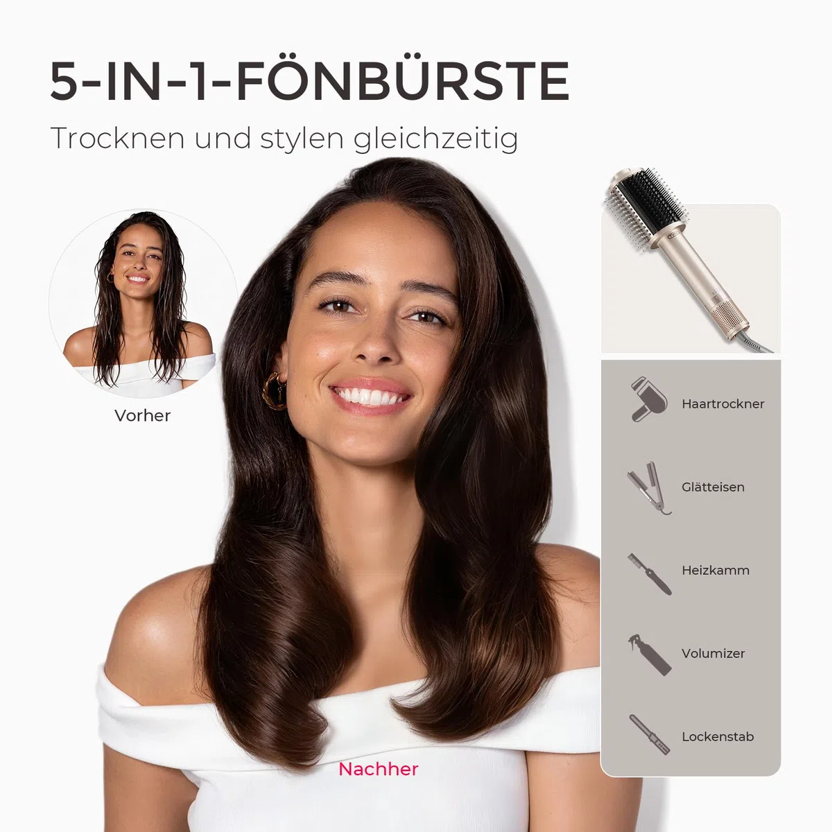 TYMO Warmluftbürste Föhnbürste, Leichte Heißluftbürste zum Trocknen & Stylen in einem, 5 in 1 Volumenbürste mit Turbo-Motor, Schnelles & Haarschonendes Föhnen, Glätten, Locken, Volumen Kreieren