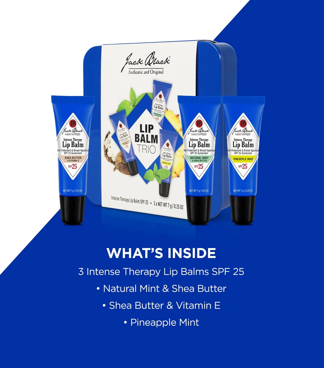 Jack Black Intense Therapy Lip Balm Trio mit recyclebarem, wiederverwendbarem Tin, 0,8 ml.