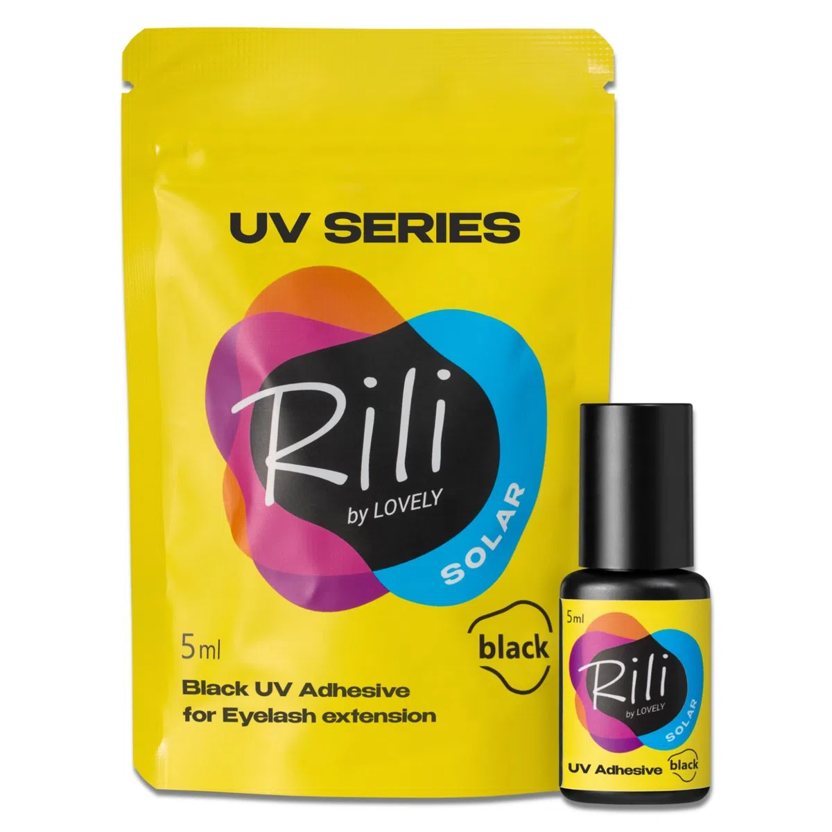 LOVELY Rili SOLAR UV Wimpernkleber Schwarz 5ml für Wimpernverlängerung mit UV Licht - geringe Dämpfe, sofortiges Aushärten, zuverlässige Haftung bei jedem Klima - für Fremdanwendung & Studios geeignet