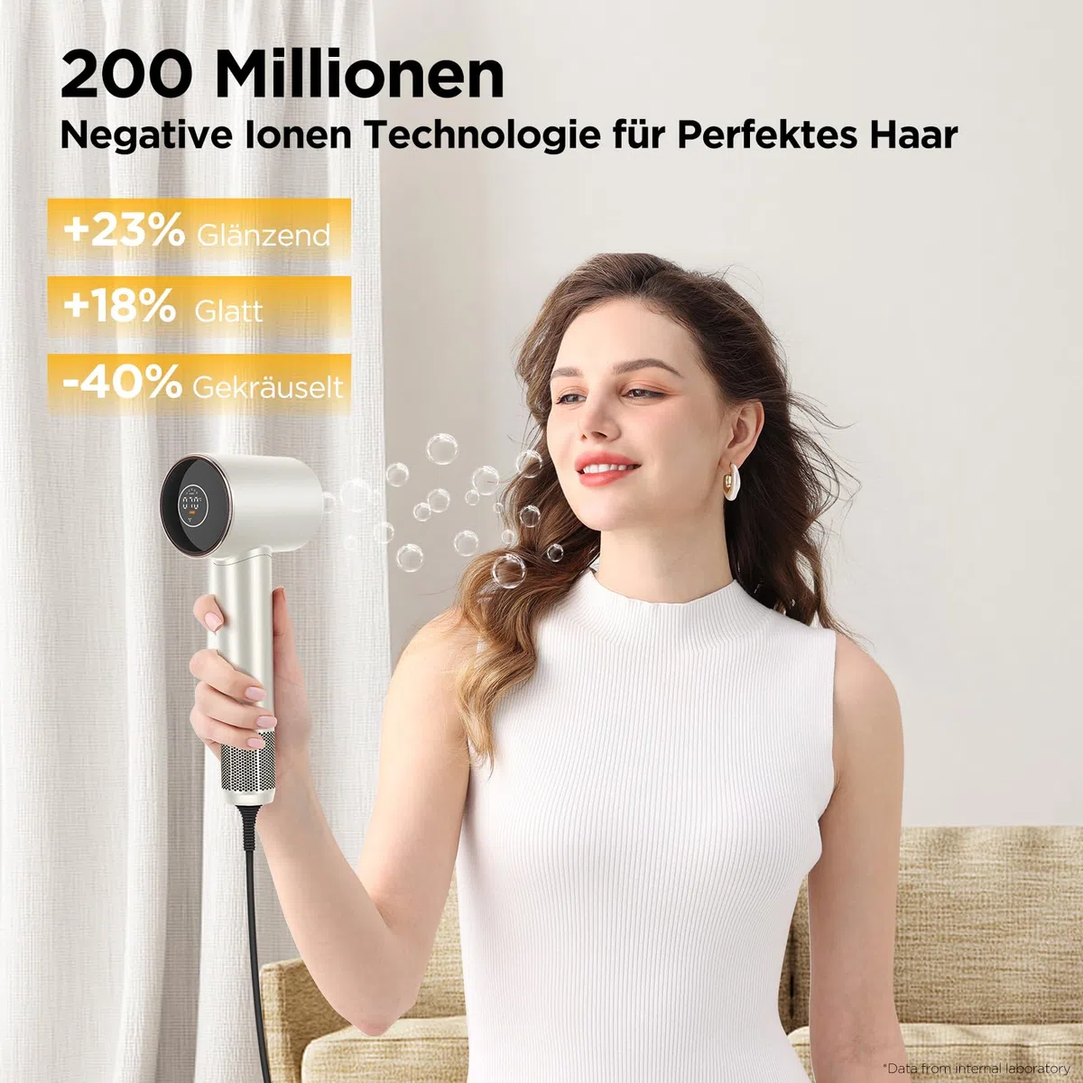 PARWIN PRO BEAUTY Air-Sonic Föhn, HD-LED Anzeige Fön, Haartrockner mit 110,000RPM Bürstenlosem Geräuscharm Motor, 2x 32mm Auto Wrap-Curler, 25M/S Luftstrom für Schnelle Trocknung （Champagne Silver）