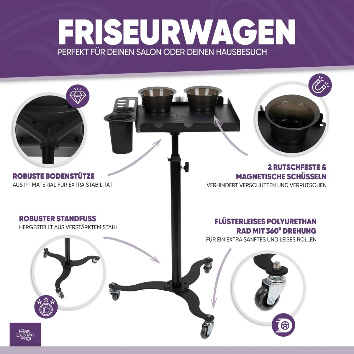 Mobiler Friseurwagen Salon Trolley mit 2 magnetischen Schüsseln, Fönhalterung, hitzebeständig, Kammlineal für Extensions