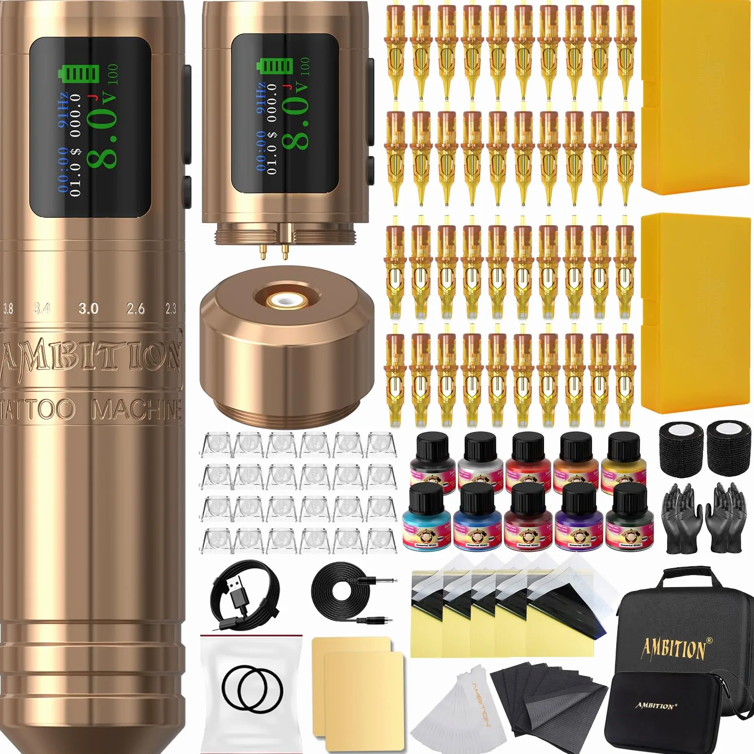 Ambition C1 Tattoo Maschine Set für Anfänger Kabellose Rotary Tätowiermaschine mit 7 Einstellbaren Hublängen, Dual 1900 mAh Akku