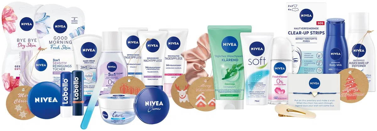 NIVEA Adventskalender 2022 für 24 einzigartige Verwöhnmomente, Weihnachtskalender mit ausgewählten Pflegeprodukten & Accessoires, Pflegeset für die Adventszeit, Blau, 916.0 milliliters