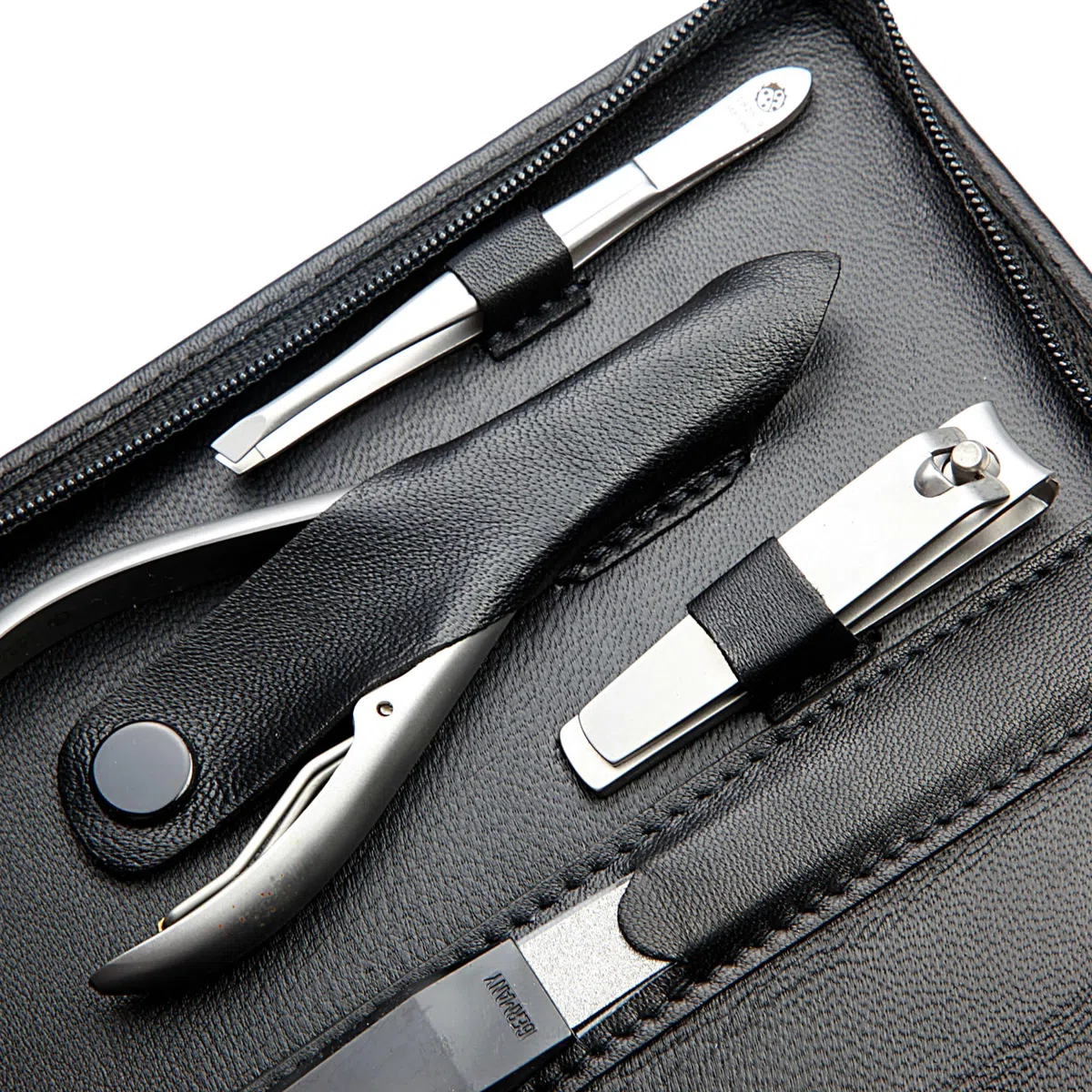 Hans Kniebes Maniküre Set 9-teilig Schwarz – Profi Nagelpflege & Pediküre Set aus Edelstahl – Nappa Leder Etui mit Reißverschluss – Nagelschere, Zangen & Knipser – Premium Manikürbesteck