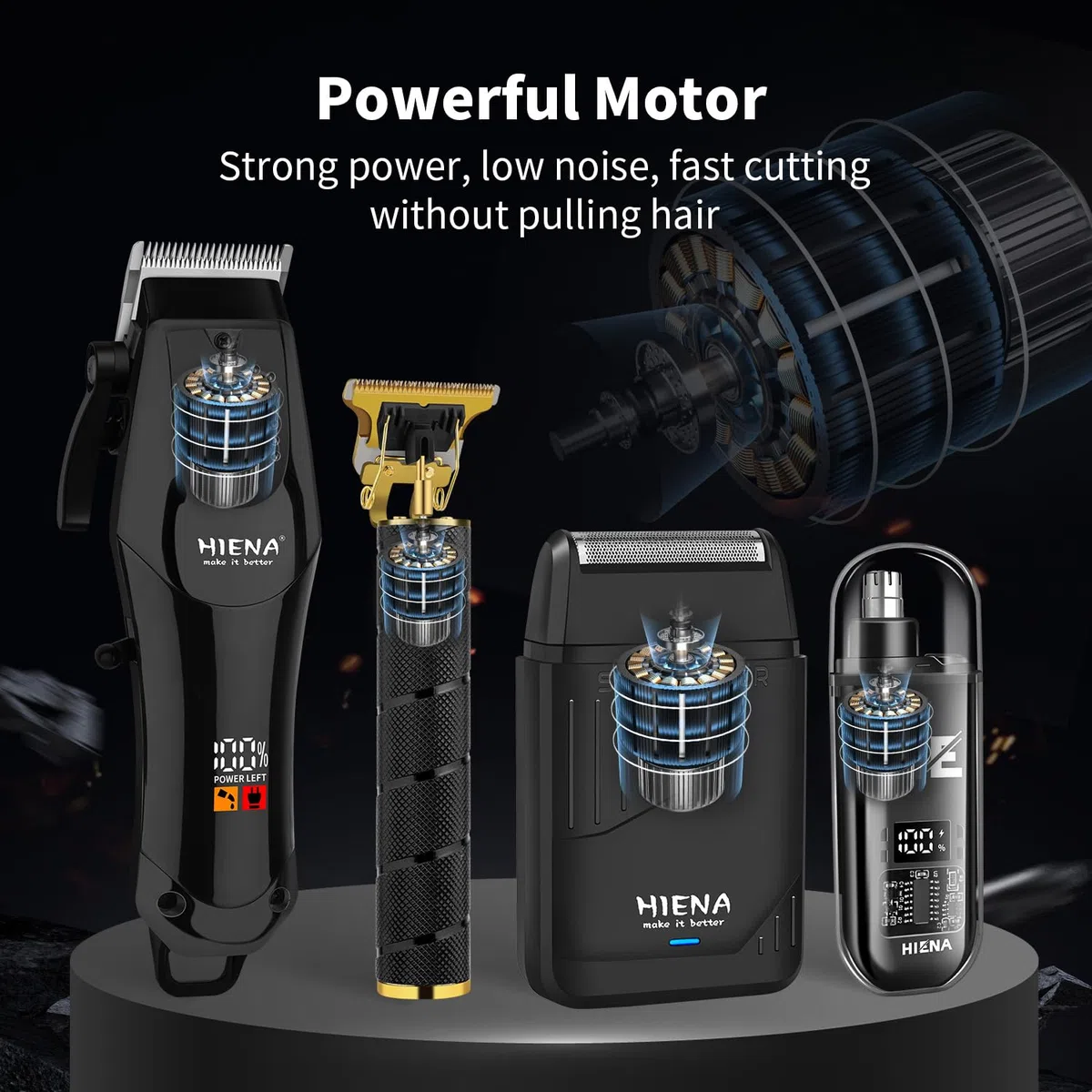 HIENA PRO Professionelles Haarschneidemaschine Set für Männer, schnurloser Friseurschneider und elektrischer Folienrasierer, Nasenhaartrimmer, Haarschneide-Set, R-Type verstellbare Klinge, LED-Anzeige