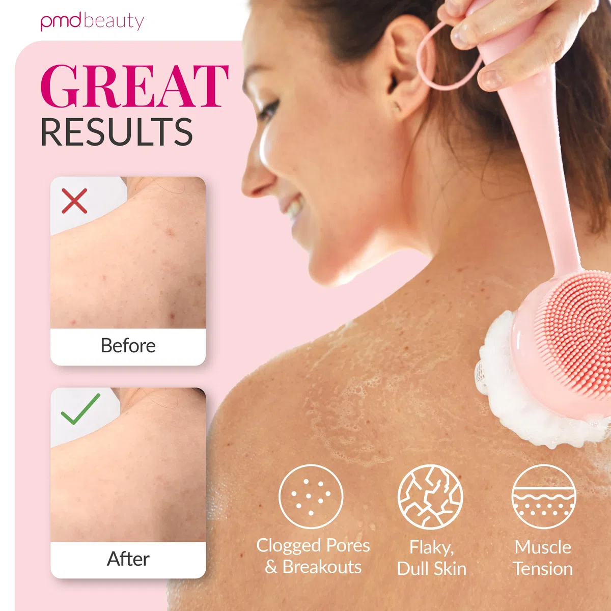 PMD Clean Body – Smart Body Reinigungsgerät mit Silikonbürste & drei austauschbaren Aufsätzen – Wasserdicht – SonicGlow Vibration – Reinigen, Peeling & Massage Körper – Rouge