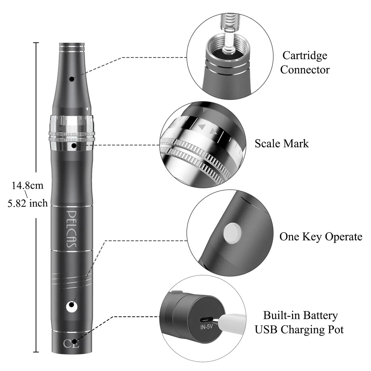 PELCAS Derma pen Elektrischer Mikroneedling Schönheit Pen Mikronadelstift Wiederaufladbar Verstellbar Länge mit 3 Geschwindigkeiten 12 Ersatzköpfe Tragbares Microneedling Gerät für Gesicht Haut Grau