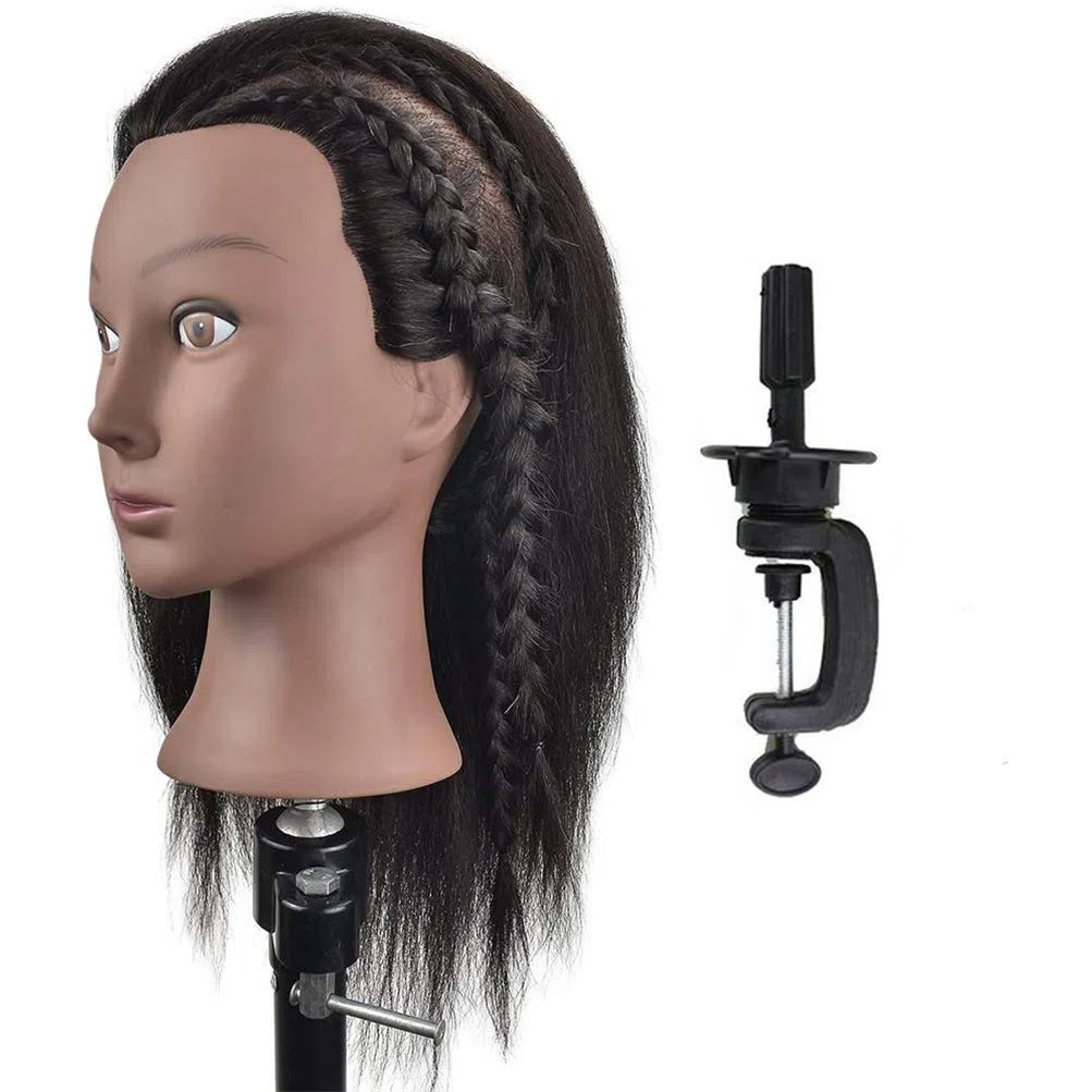 Afro-Mannequin-Kopf aus 100% Echthaar, Friseur-Trainingskopf mit Tischklemme