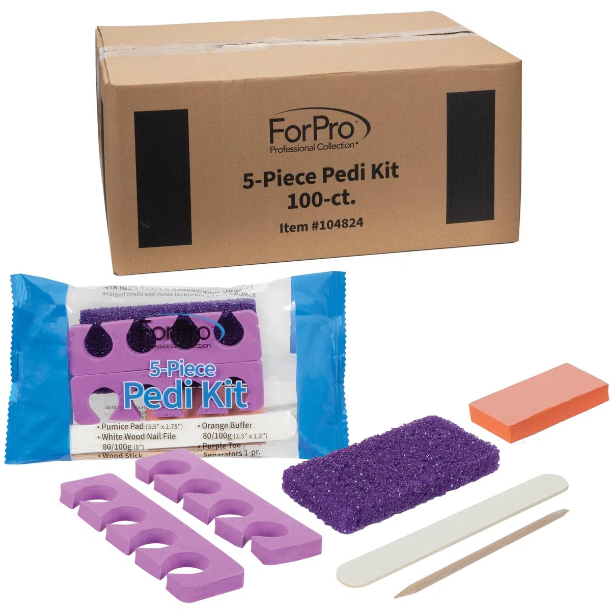 ForPro Pediküre-Set, 5-teilig, 100 Stück, einzeln verpackt, Lila Bimsstein, Holznagelfeile Körnung 80/100, Mini-Puffer Körnung 80/100, Holzstab, Zehentrenner