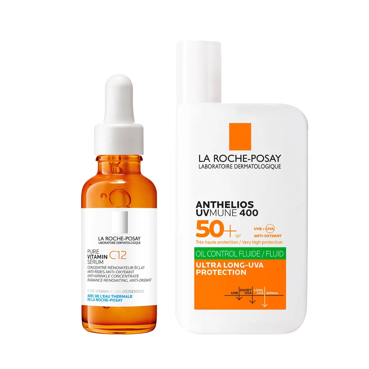 La Roche-Posay Set mit Pure Vitamin C12 Serum und Anthelios UVMune 400 Invisible Fluid, Für ebenmäßige und UV-geschützte Haut, Mit Vitamin C und LSF50+, Bei reifer Haut bzw. Mischhaut, 30 ml + 50 ml