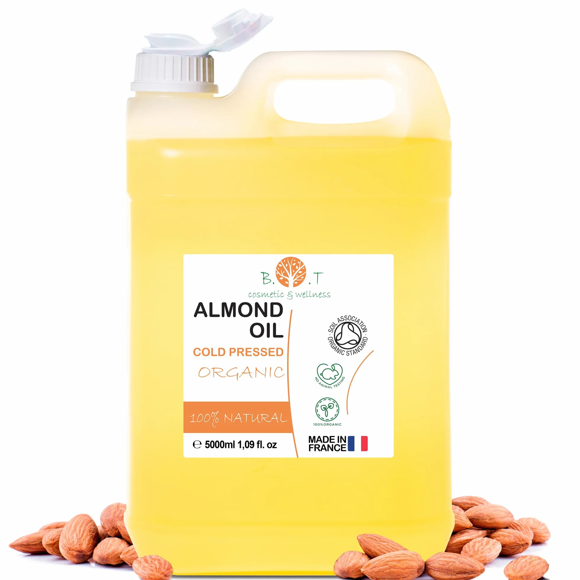 Mandelöl BIO Reines, Kaltgepresst, Natürlich. Kosmetik Massageöl, Haar- und Bartöl, Körperöl, Anti-Falten-Gesichtsöl, Schwangerschaftsstreifen, Nägel, Mandelöl Baby, Scalp Oil - 5000 ml