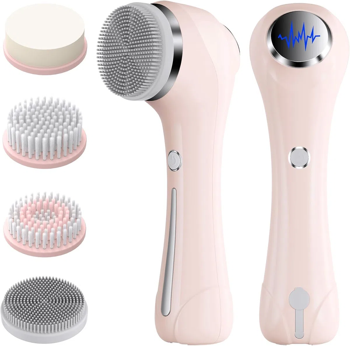 Elektrische Gesichtsreinigungsbürste, 2 in 1 Gesichtsbürste Mit 4 Bürstenköpfen, EMS Gesichtsmassagegerät mit Heizung Wasserdichte Gesichtsreinigung Tiefenreinigung für alle Hauttypen (Rosa)