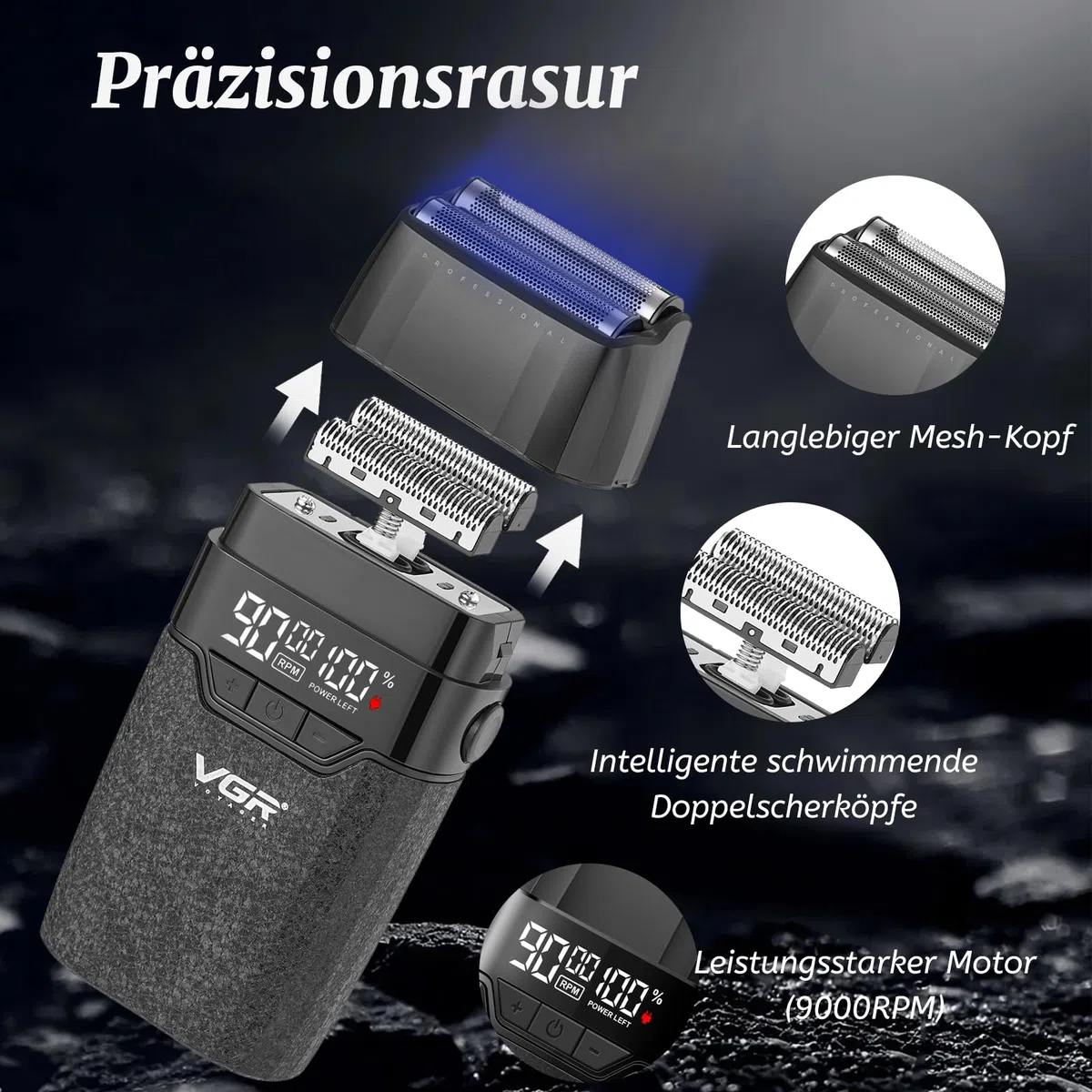 VGR 640 S3 3 IN 1 Haarschneidemaschine für Herren, Profi Haarschneider Haartrimmer und Folienrasierer Set, Kabellose Friseur Set mit LED-Anzeige für den Friseur- und Heimgebrauch, Schwarz