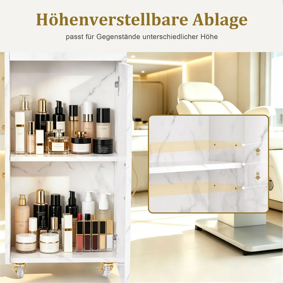 BarberPub Friseurwagen mit 3 Schubladen & 2 Schränken, Beauty Salon Trolley mit 3 Föhnhaltern, 39x58x90cm, Weiß-Gold