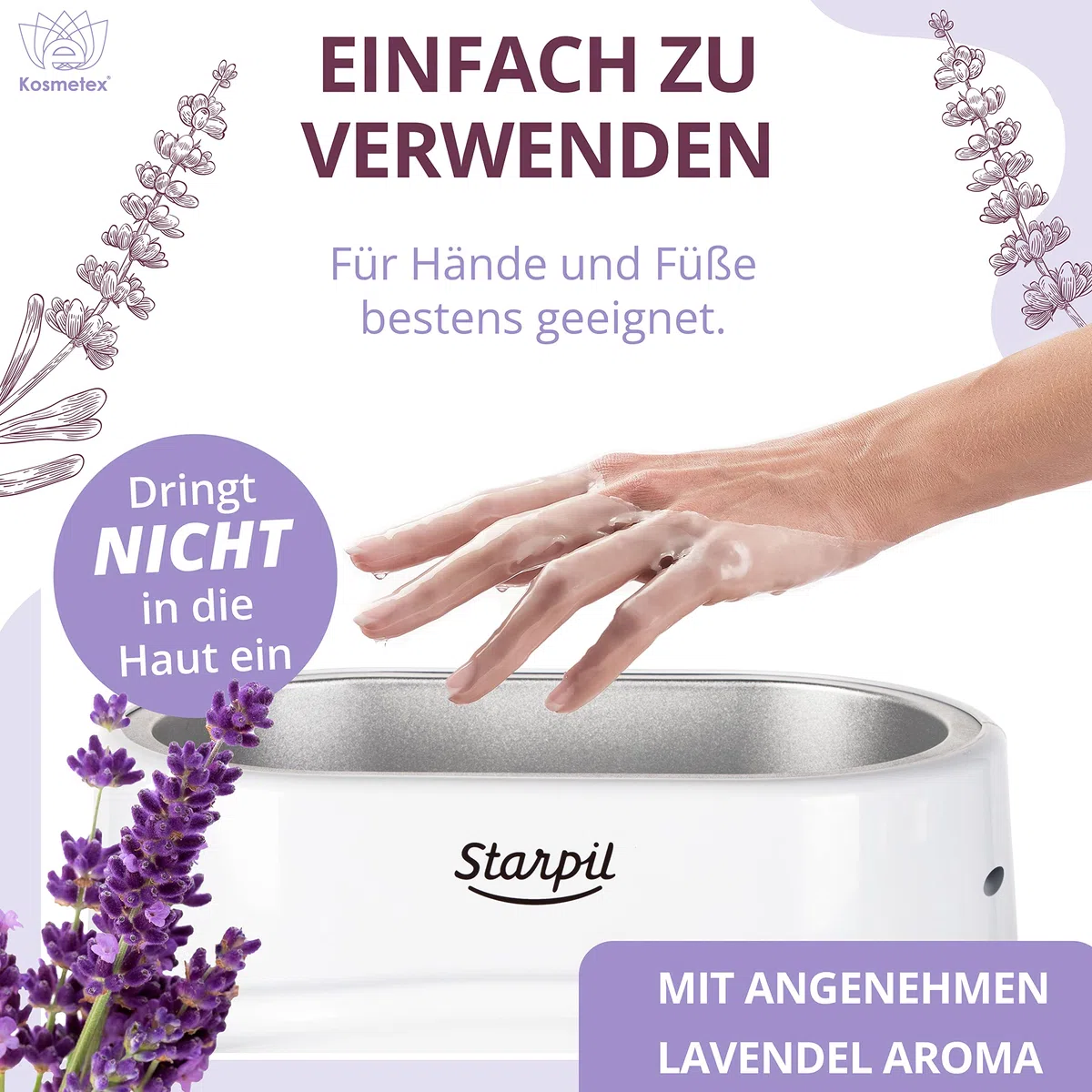 Kosmetex Wellness-Paraffinbad Lavender Lavendel – Paraffin-Entspannungsbad für Hände und Füße – Paraffinwachs – Paraffin-Block für Wachserwärmer (4x 500ml)