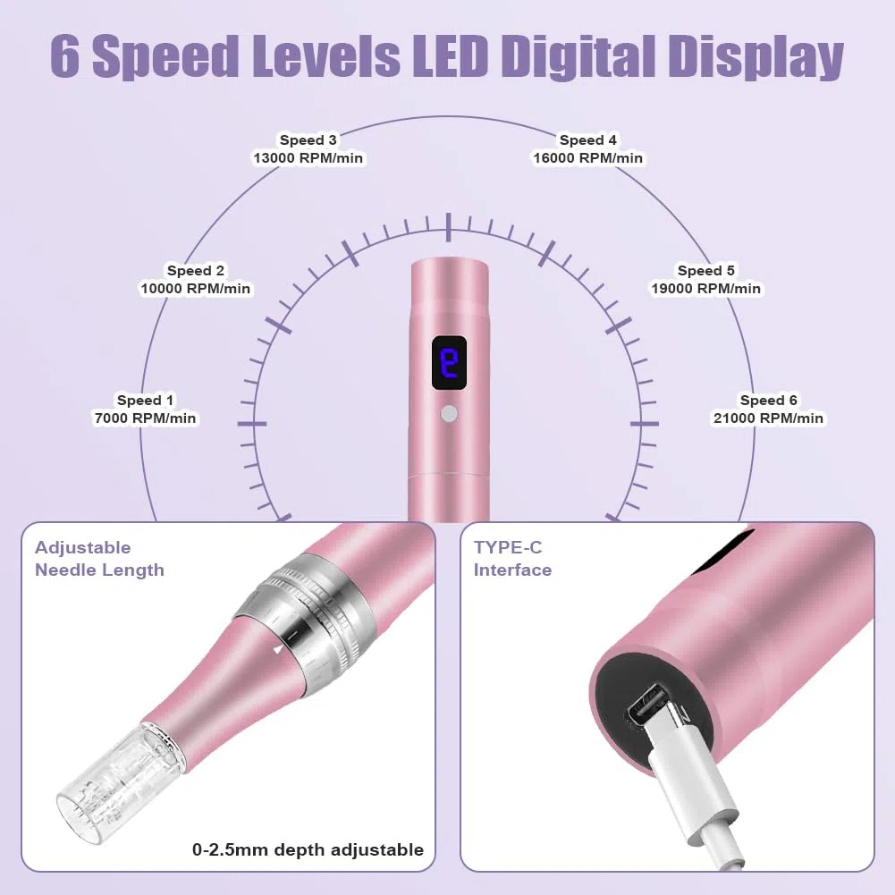 Vicloon Elektrisch Microneedling Pen, Drahtloser Elektrischer Dermapen Mikroneedling mit LCD Bildschirm und 5 Stufen, Einstellbar 0-2,5mm, Microneedle Haut Reparatur Tool (inkl.12 Nadelköpfe)-Rosa