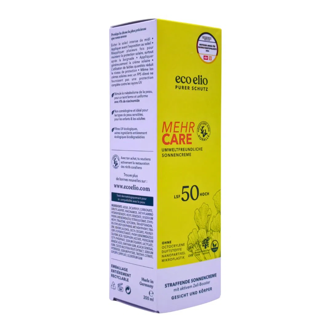 eco elio Mehr Care LSF 50, 2x 200 ml I Sonnencreme mit Niacinamid & Blue-Light-Schutz I Straffend, schnell einziehend & vegan I Für Gesicht & Körper I Spar-Set plus Pharma Perle give-away