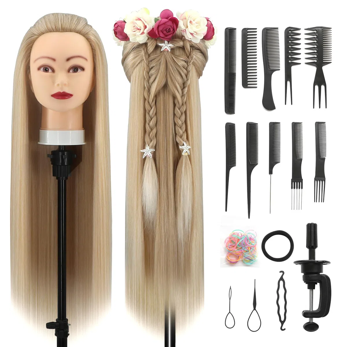 Trainingsköpfe, 28 inch Übungskopf Frisierkopf Friseur 100% Synthetikfaser-Haar Styling Kopf Frisierkopf für Frisöre mit kostenloser Klemme und DIY Flechtset (Hellbraun)