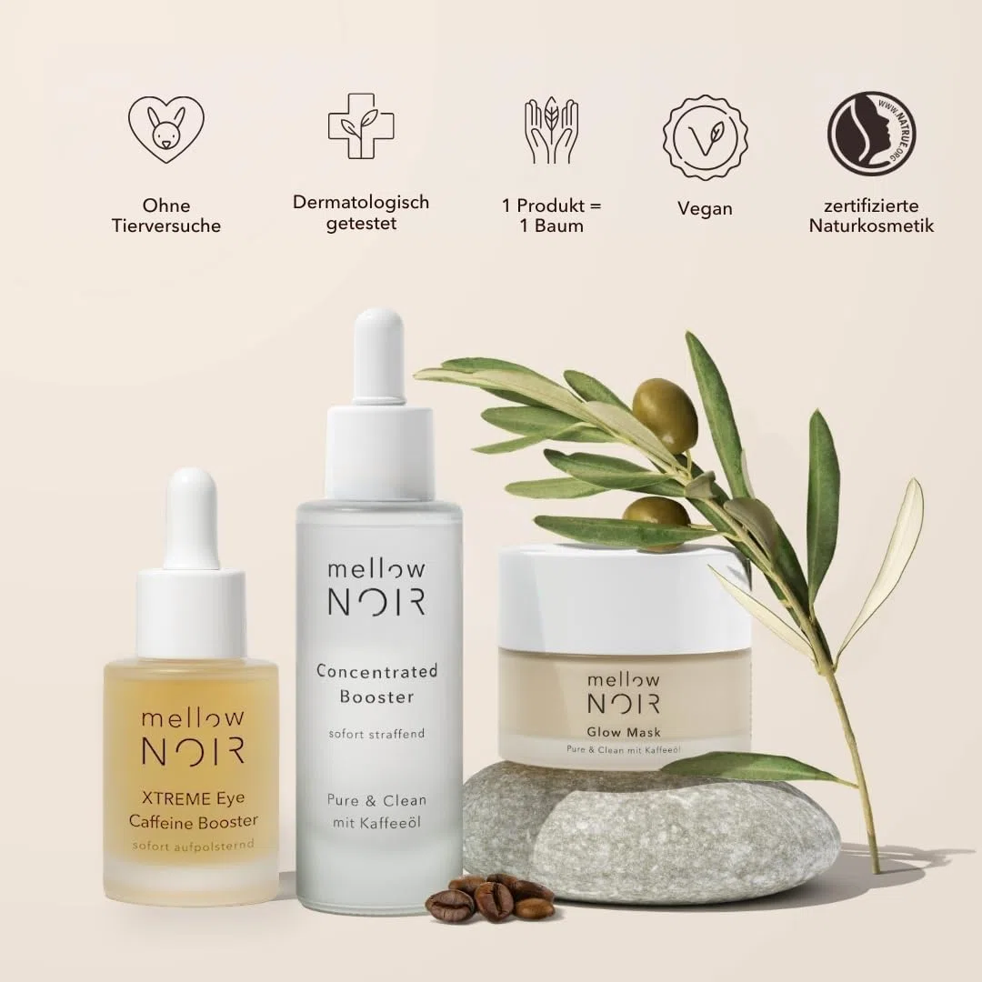 Höhle der Löwen Gesichtspflege Set | mellow NOIR | Hyaluronserum, Tagescreme, Vitamin C Serum | Anti Falten Gesichtspflege | Feuchtigkeitsspendend | Anti-Aging | Vegan | zertifizierte Naturkosmetik