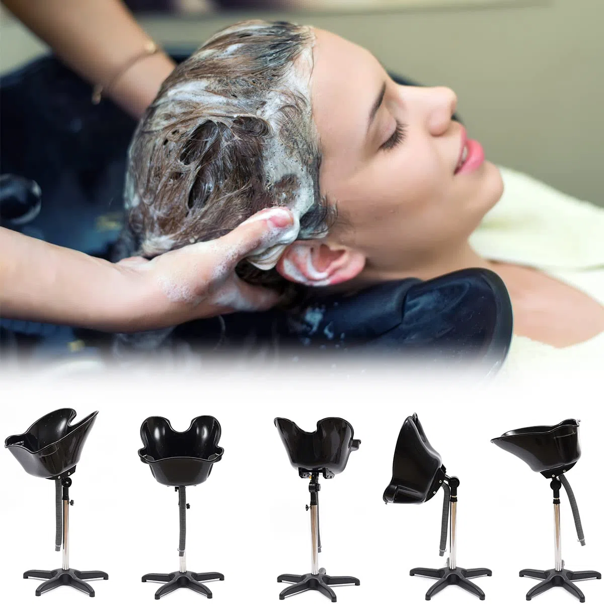 Mobiles Waschbecken Friseur, Höhenverstellbar Haarwaschbecken, Ergonomisches, tiefes Kunststoff Shampoo Becken mit Abflussschlauch, Tragbares Waschbecken für Zuhause Salon Friseursalon