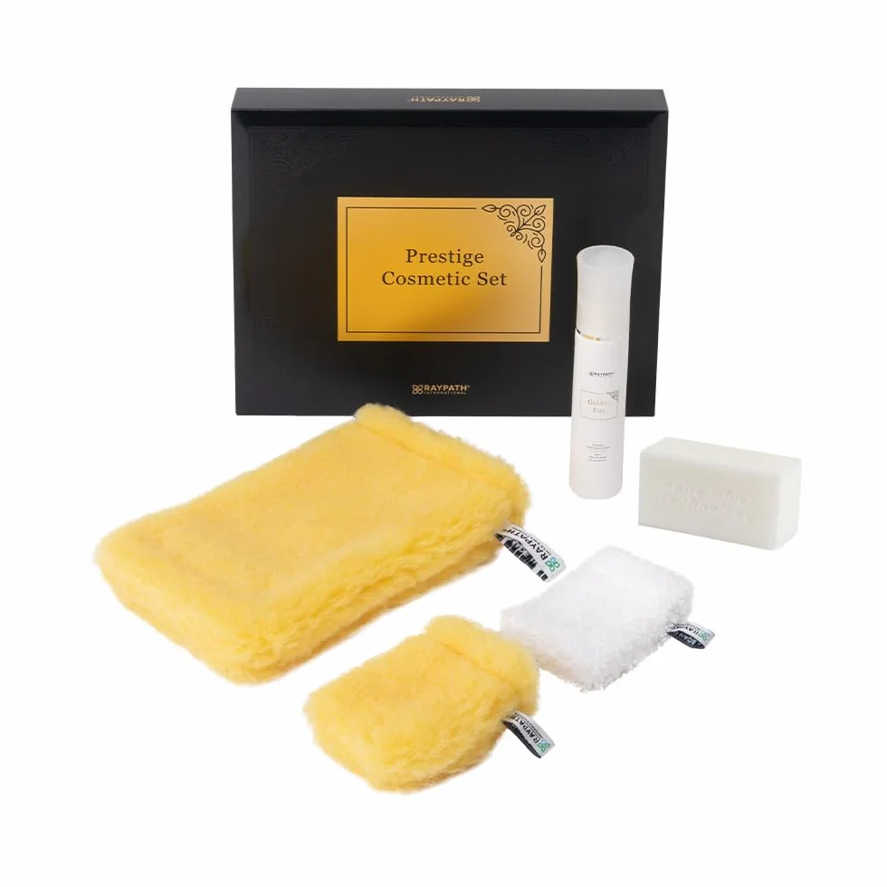 Prestige Cosmetics Plus Set – luxuriöse, ökologische Hautpflege-Kollektion mit Gesichtshandschuh, Face Glove, Face Cleaner, Body Cleaner, GoldenR