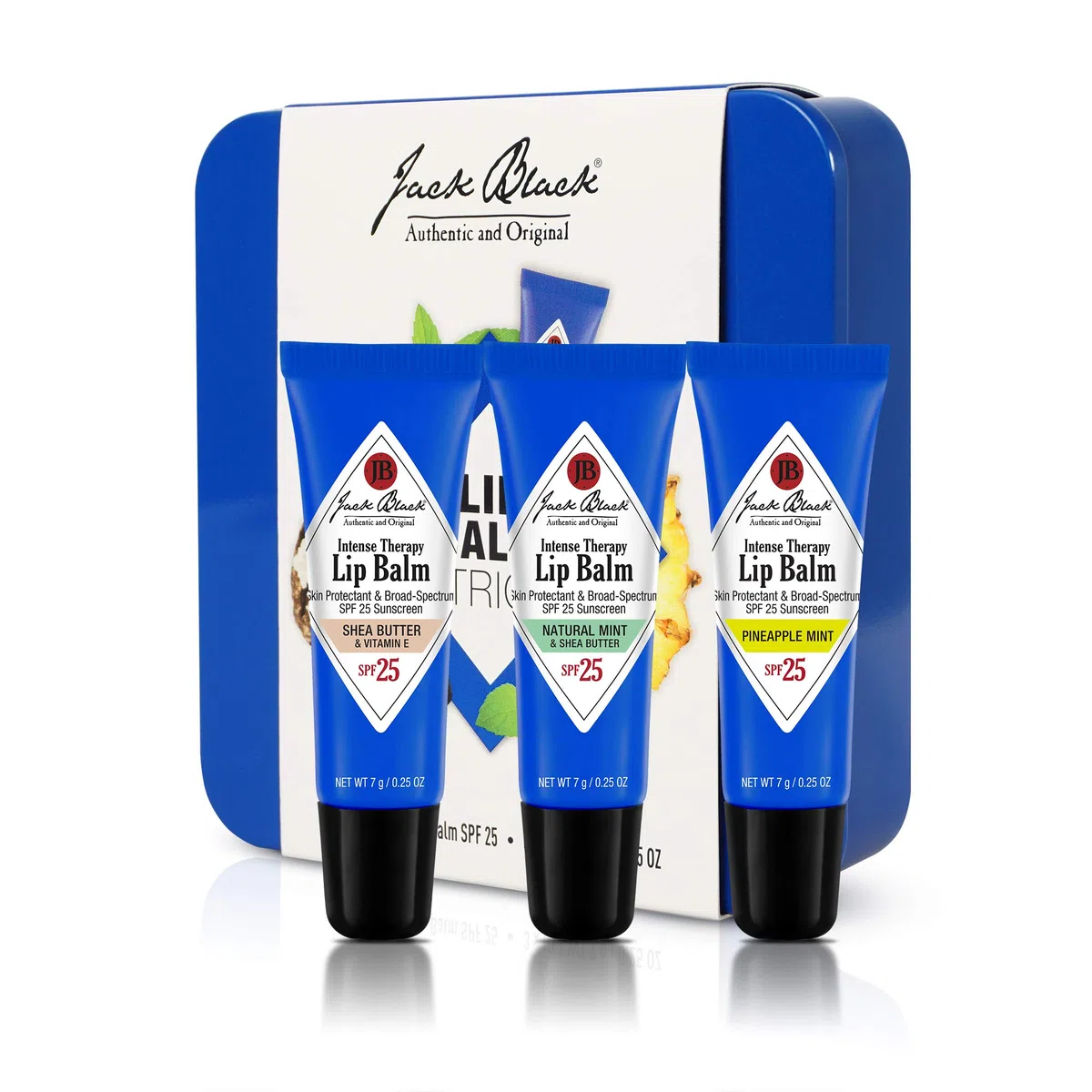 Jack Black Intense Therapy Lip Balm Trio mit recyclebarem, wiederverwendbarem Tin, 0,8 ml.