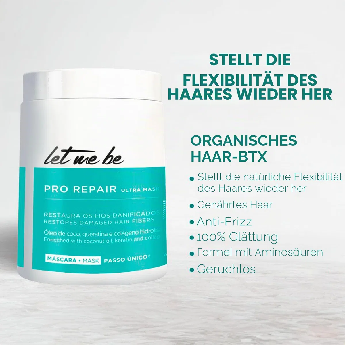 Let Me Be Haarmaske & Haar Btox Formaldehydfrei, BTX Pro Repair | Organische und professionelle Anti-Frizz Volumenreduzierung in 1 Schritt mit Keratin, Kollagen und Kokosöl - 1Kg