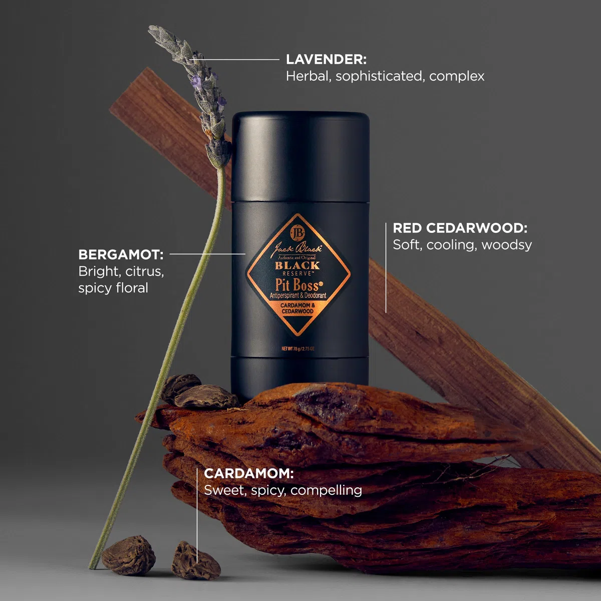 Jack Black Pit Boss Black Reserve Antitranspirant und Deodorant für Herren, 75 ml, Kardamom und Zedernholz, Deodorant für empfindliche Haut