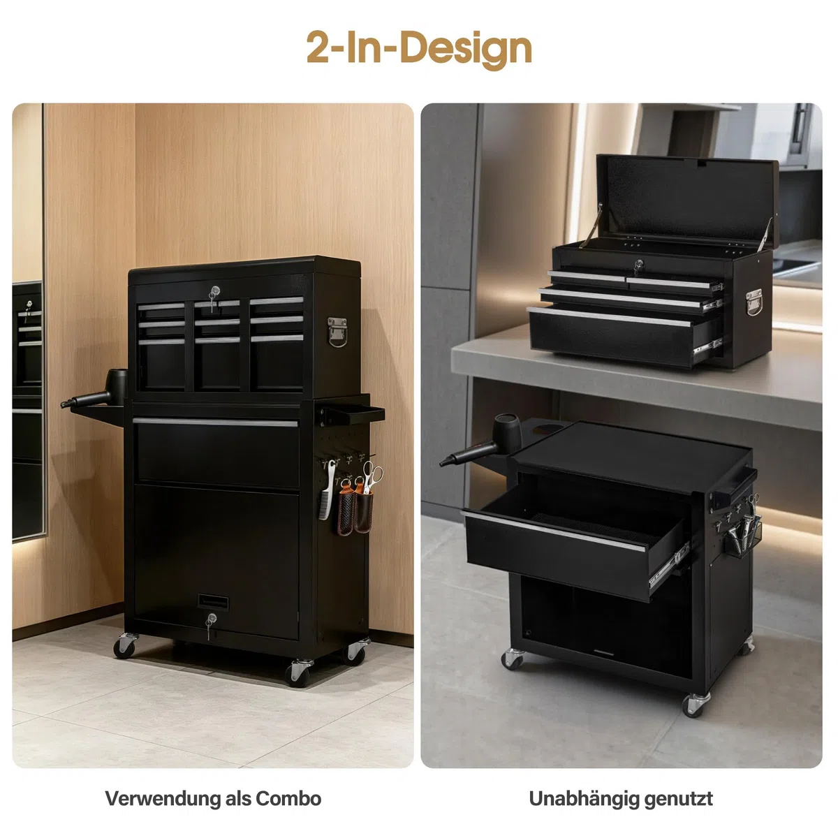 BarberPub 2 in 1 Friseurwagen mit 5 Schubladen & Schrank, abschließbar, Metall, Schwarz-Silber