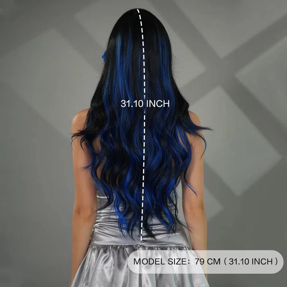 Haarpflege Lange Gewellte Schwarze Blaue Perücke Für Frauen Mit Hoher Dichte Bescheidenem Teil Und Vorhang Pony