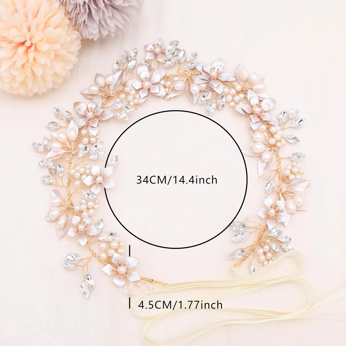 Oriamour Hochzeit Stirnband Brautschmuck Kopfschmuck Blume mit echten Süßwasserperlen und Schleifen Haarschmuck für Braut