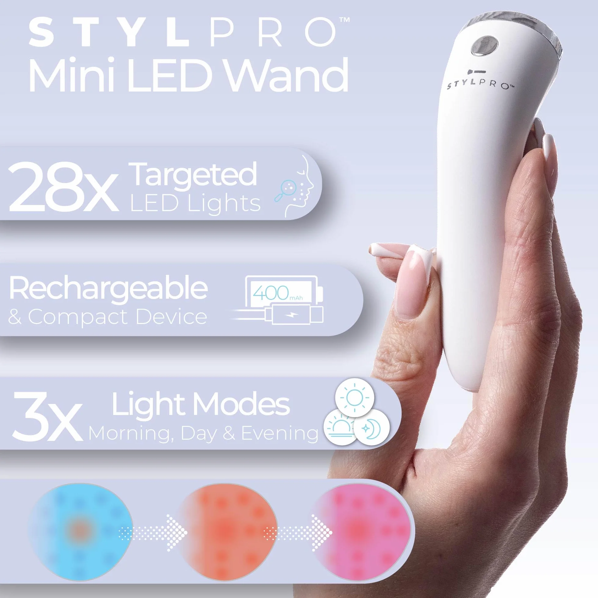 STYLPRO Mini LED Zauberstab Blaue Lichttherapie für Akne und Haut, 3x Modi, 28 LEDs Blau Rot NIR, wiederaufladbar