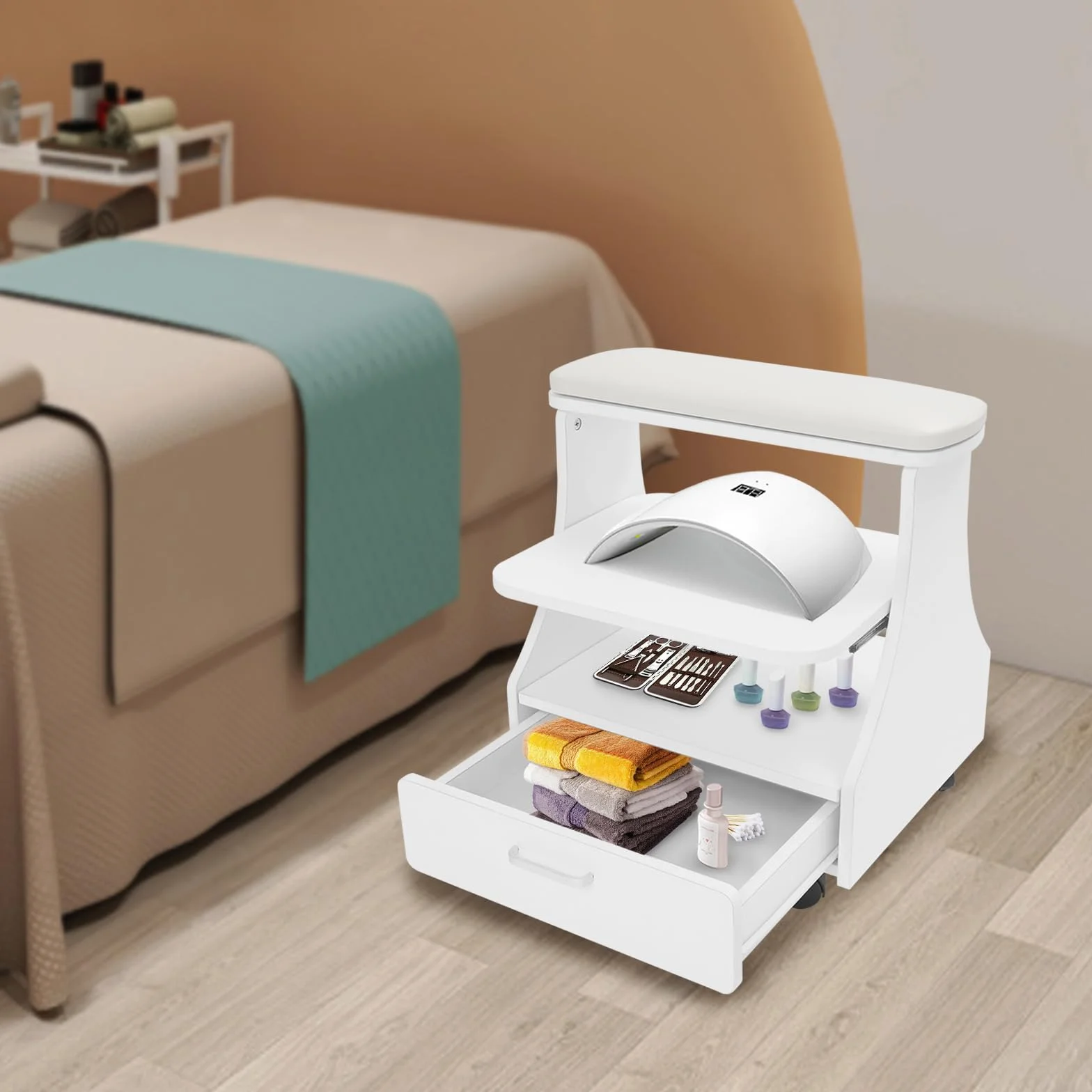 Kosmetikerin Trolley Wagen Maniküre-Pediküre-Wagen mit Rädern und Schublade Weiß für Schönheitssalons