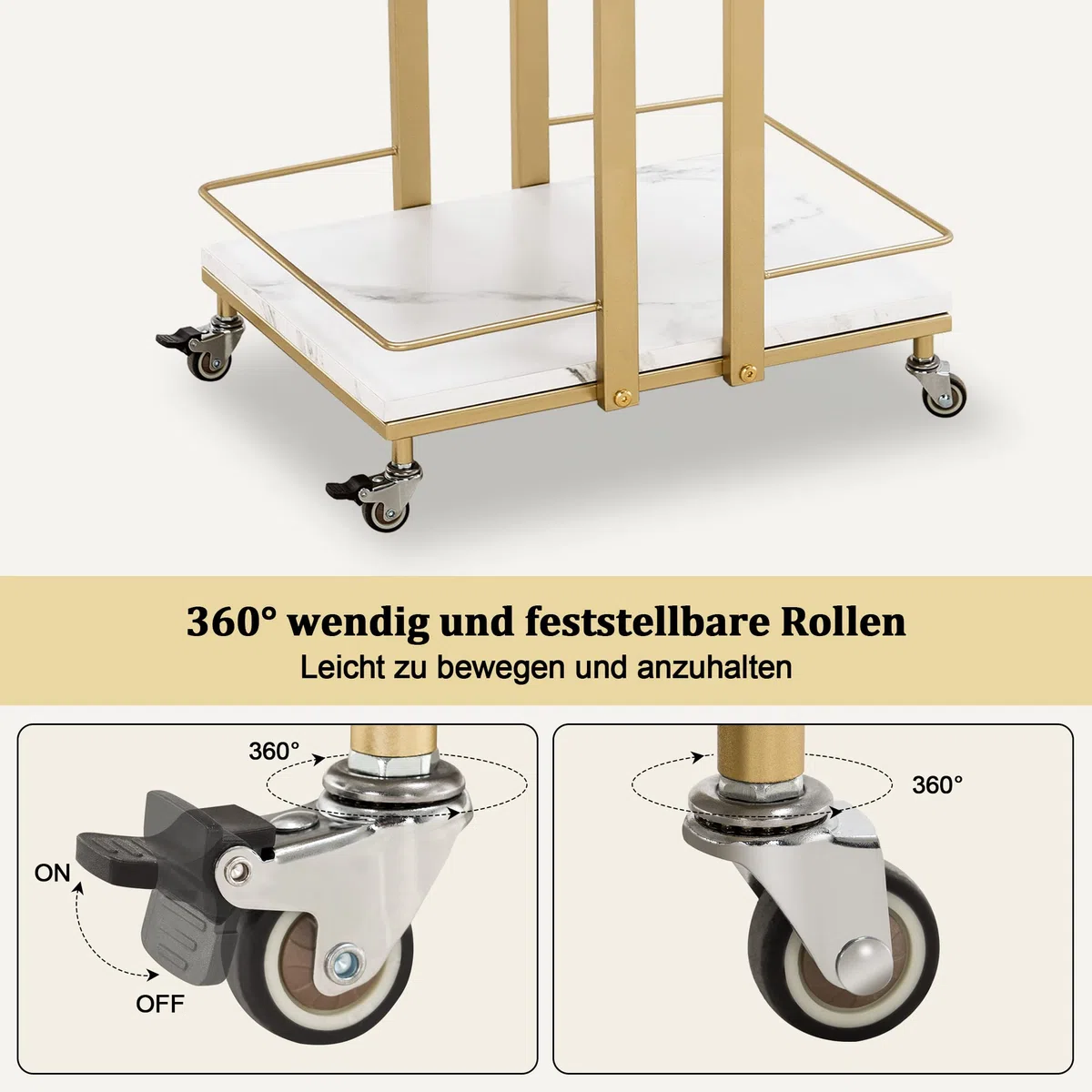 MCombo Servierwagen mit Rollen, Küchenwagen Barwagen Metallgestell, 3 Ebenen Rollwagen Mehrzweckwagen Weiß-Gold