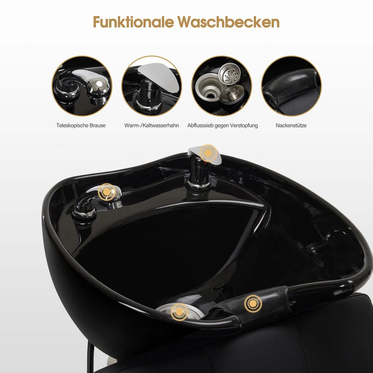 Barberpub Friseurstuhl mit Waschbecken, Friseurwaschbecken aus Keramik Verstellbar, Rückwärtswaschsessel Friseurwaschsessel für SPA Salon, Friseur Waschplatz W8010 (Schwarz)