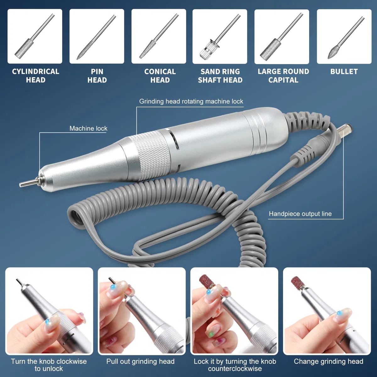 LIMEGIRL Professionelles elektrisches Nagelfeilenbohrer-Set, 45000 U/min, für Acryl-Zehennagel-Maschine, mit 14 Bohrern, Farbverlauf, weißer Glitzer, tragbar, wiederaufladbar, kabellos