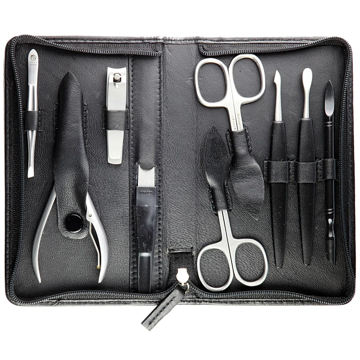 Hans Kniebes Maniküre Set 9-teilig Schwarz – Profi Nagelpflege & Pediküre Set aus Edelstahl – Nappa Leder Etui mit Reißverschluss – Nagelschere, Zangen & Knipser – Premium Manikürbesteck