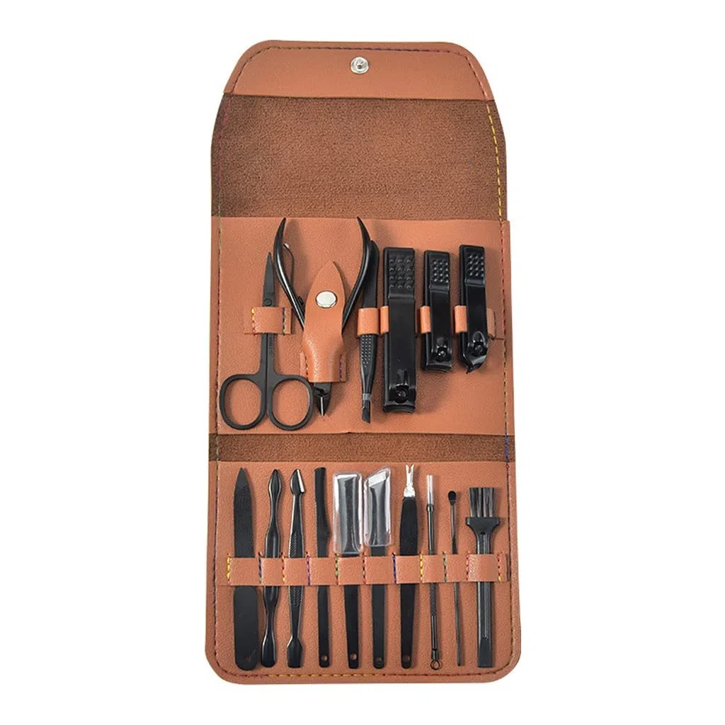 PURRL 16Pieces Nagelknipser Nagelschere Falttasche-Beauty Maniküre Nagelfeile Werkzeug (Color : Brown, Size : 14.3 * 11.1cm) Little Surprise