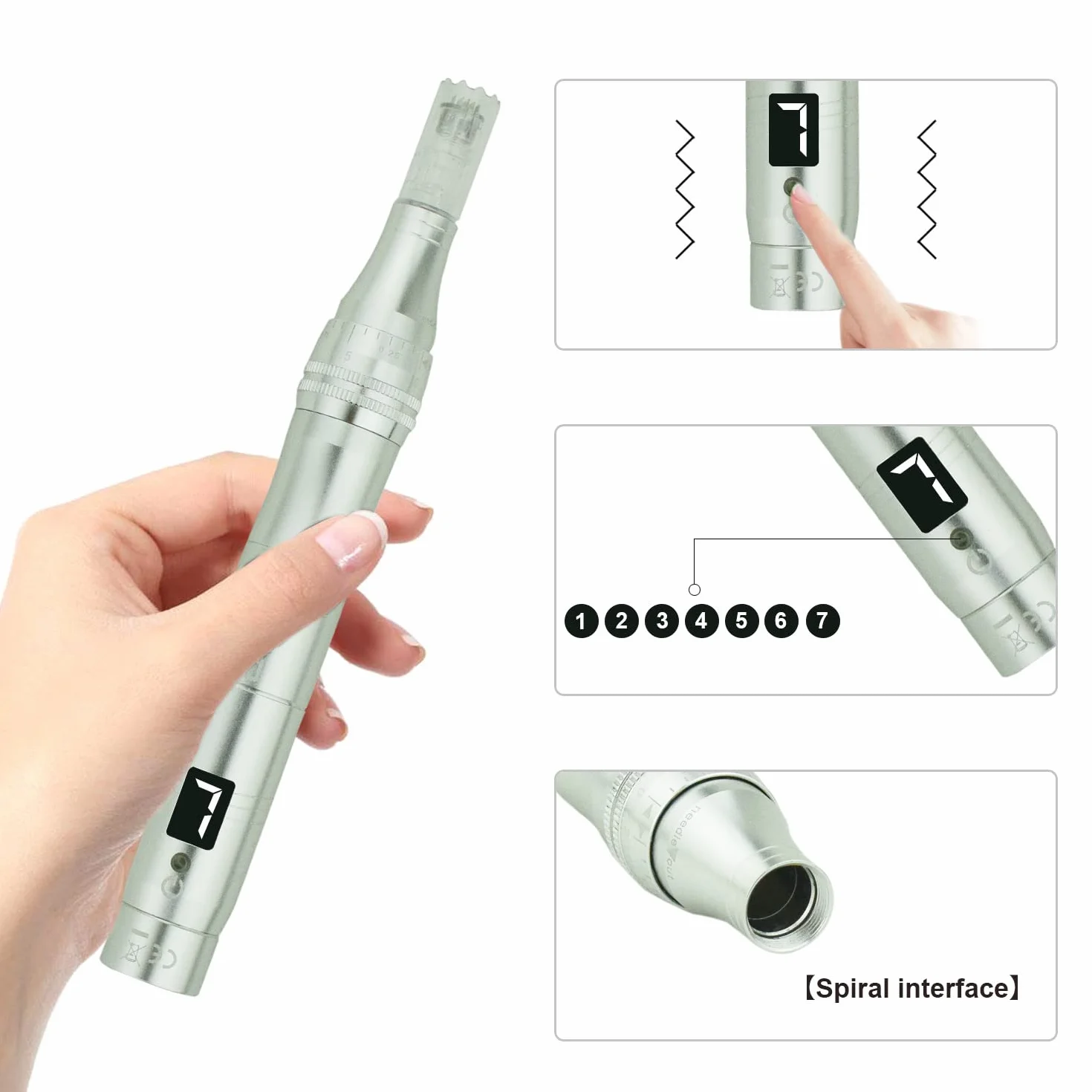 Dermapen mit LCD Bildschirm 7 Geschwindigkeitsstufen einstellbare Länge 12 Köpfe Patronen Silber