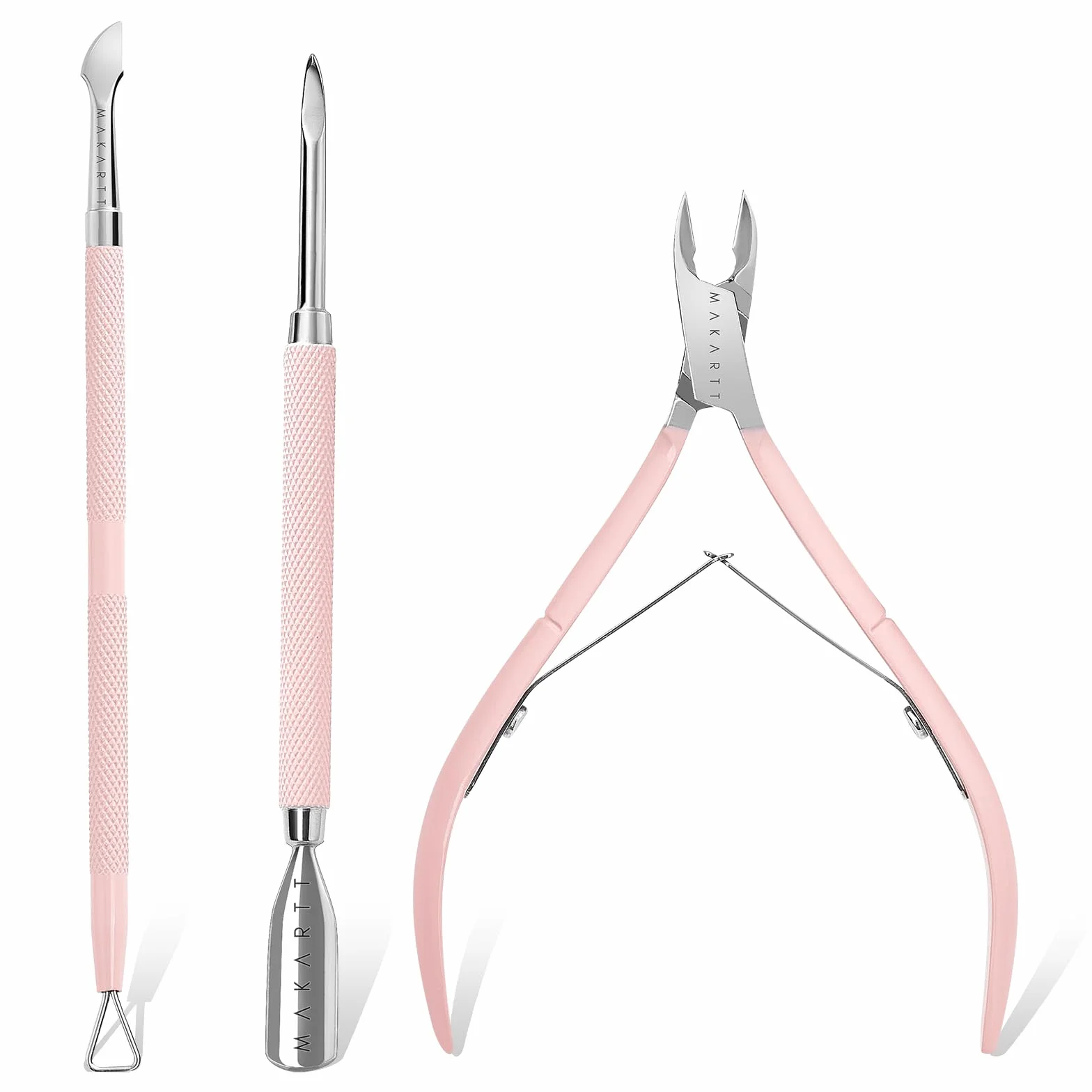 Makartt Nagelhautzange mit nagelhautentferner - 3 Pcs Rosa Cuticle Remover Tool, Professionelle nagelhautschere set mit Edelstahl-Nagelhaut Trimmer, Doppelend Nagelhautschieber und Nagelschaber