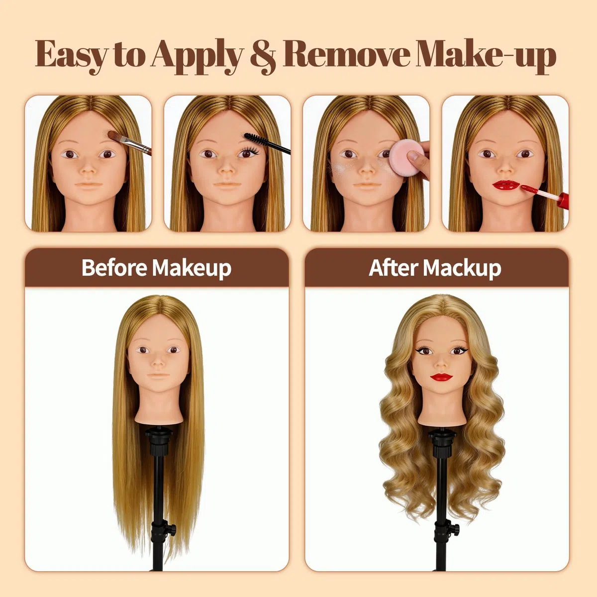 Yofuly 26Zoll/66cm Frisierkopf, 80% Echthaar Übungskopf, Make-up Frisieren Trainingsköpfe, Puppenkopf Friseur Mannequin Kopf mit Tischklemme + DIY-Zopfset (Hellbraun)