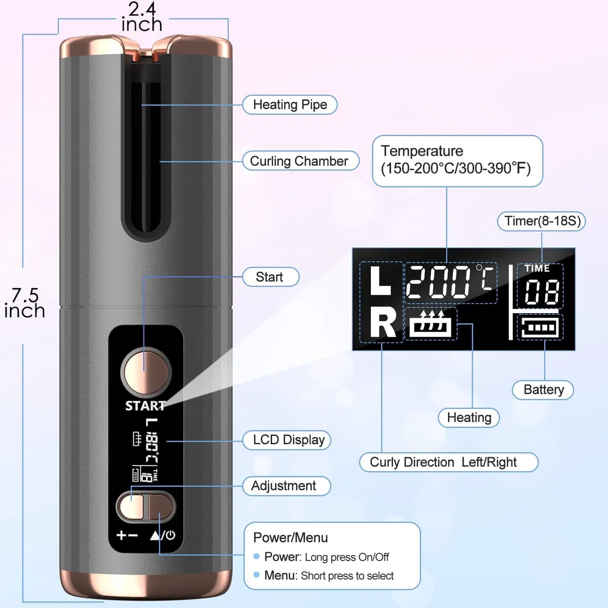 Lockenstab Automatisch Lockenstäbe Schnurlose Automatischer Rotierender mit 6 Temperaturstufen 150-200℃, 6 Timer, Akku USB Aufladen LCD-Anzeige für Kurze und Lange Haare