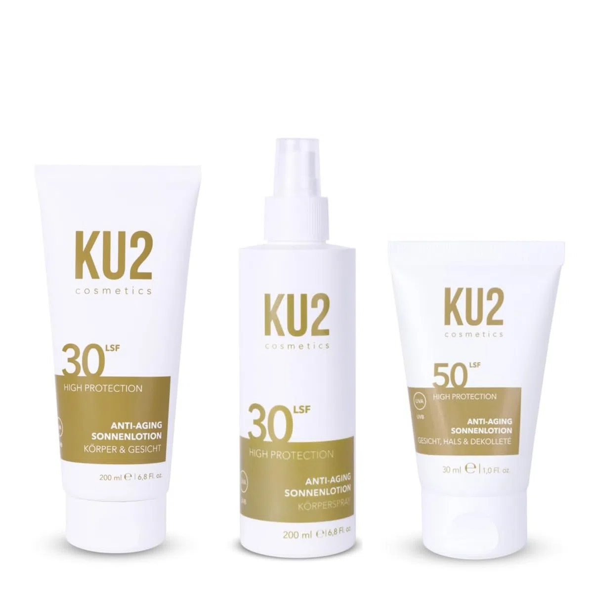 KU2 Anti-Aging Sonnenschutz X 3 – Sonnencreme Gesicht LSF 50 + Sonnenlotion Körper & Gesicht LSF 30 + Sonnenspray SPF 30 – UVA/UVB Schutz – Feuchtigkeitsspendend
