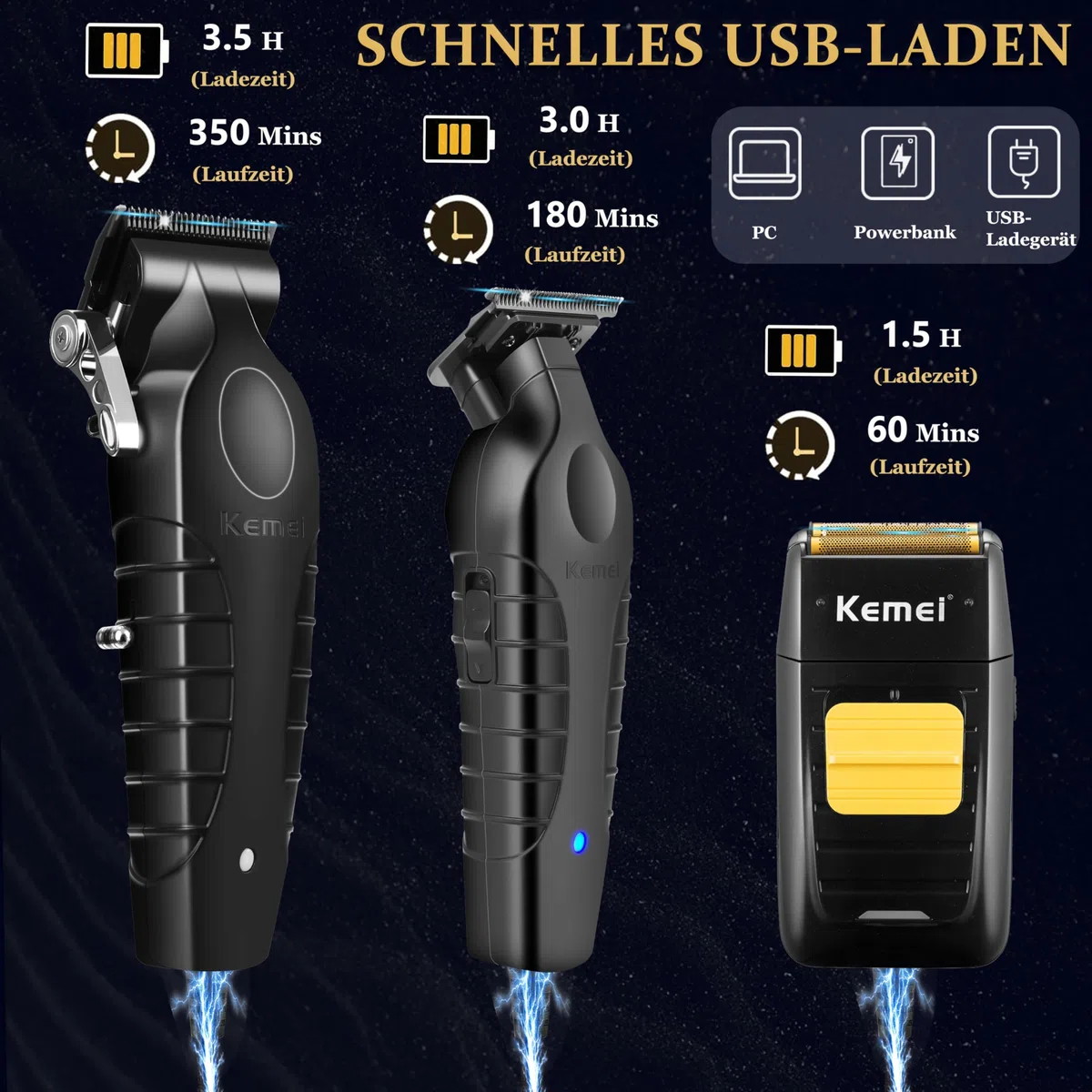 KEMEI Professionelle Haarschneidemaschine, Haar-/Bartschneider, Folienrasierer-Set für Männer, kabellose Haarschneidemaschine, elektrischer Rasierer mit Ersatzköpfen & Netzen, USB-Haarschneideset